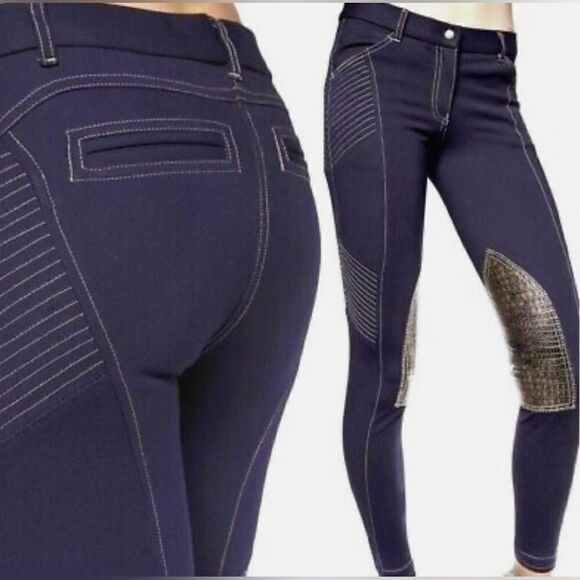 GhoDho Womens Purple & Black Leather Knee Patch Equestrian Riding Breeches EU 30 - Picture 10 of 12